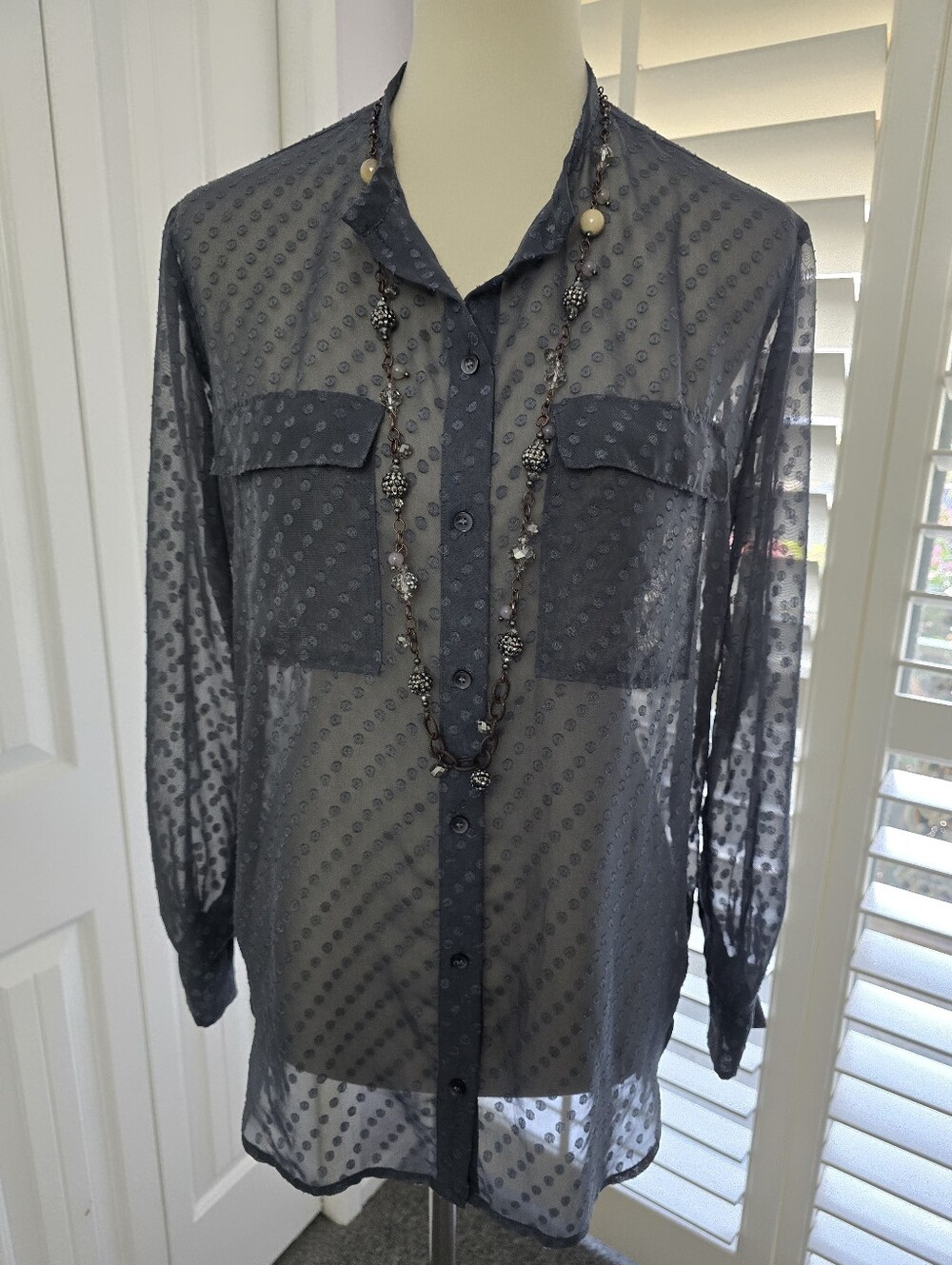 Madewell Women's Sheer Polka Dot Button-Up Long-Sleeve Blouse - Slate Gray